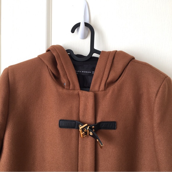 Zara Camel Color Wool Hooded Zip Up Long Coat Jacket size L - Picture 4 of 14
